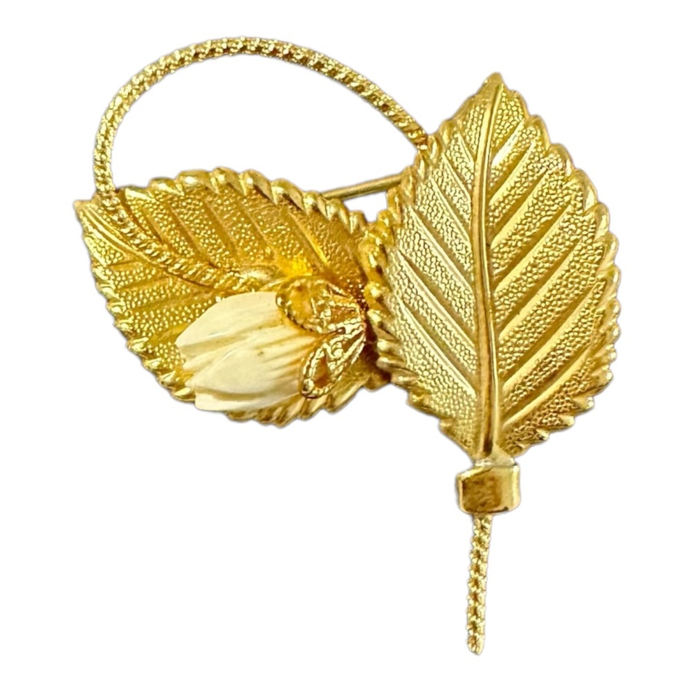 Vintage Minimalist Brushed Gold Tone Leaf Flower Bud Brooch Approx. 1 1/2” x 2”